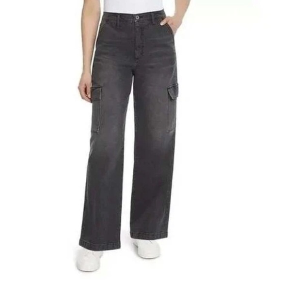 Jessica Simpson Cargo Wide Leg Jean Women Sz 6 29X31 Washed Black High Rise NWT - Picture 1 of 10